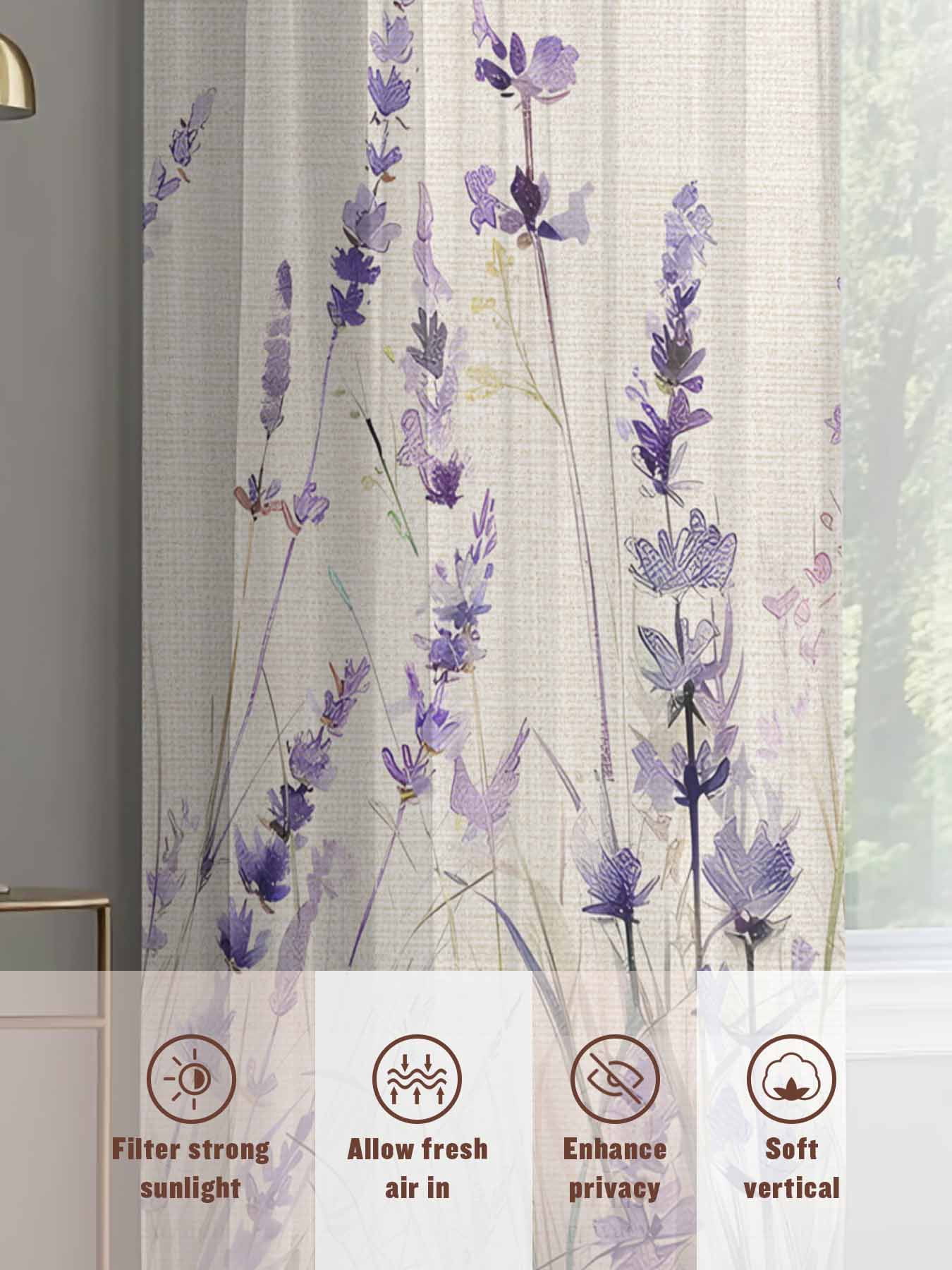 Spring Flower Sheer Curtains for Living Room Bedroom, Vintage Purple Lavender Linen Texture Light Filtering Sheer Curtain Rod Pocket Voile Window Treaments Drapes, 52 x 108 Inches