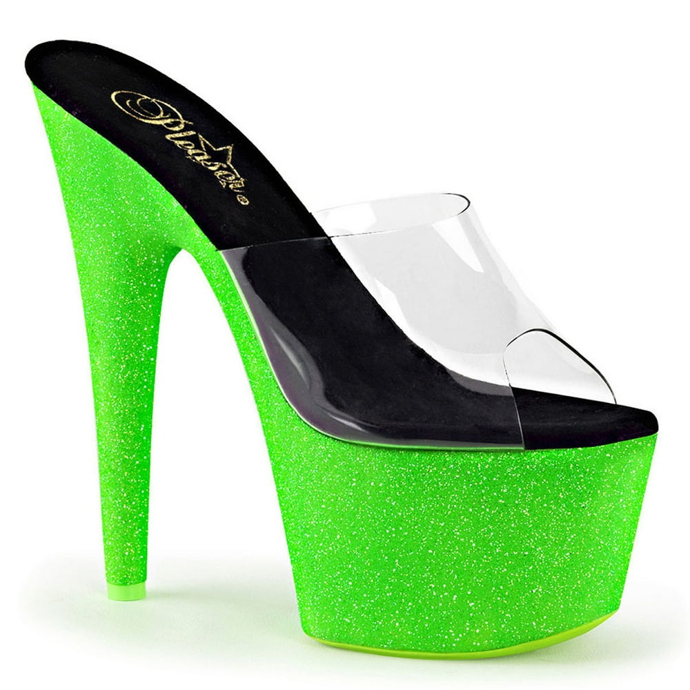 SummitFashions - Womens Neon Green Heels Slide Sandals UV Reactive Shoes Glitter 7 Inch Heels