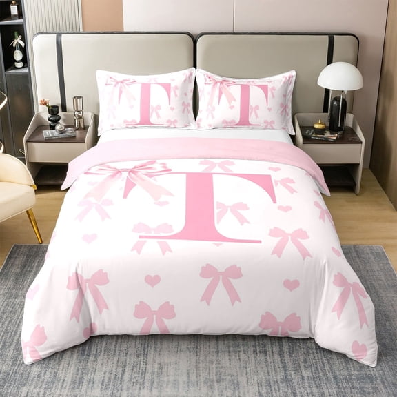 Cotton Initial Letter T Duvet Cover for Teens,Princess Style Pink Bowknot Girly Romantic Breathable Comforter Cover()No Filler),Dreamy Bow Love Hearts Kawaii Pink Bedding Set,Queen Size