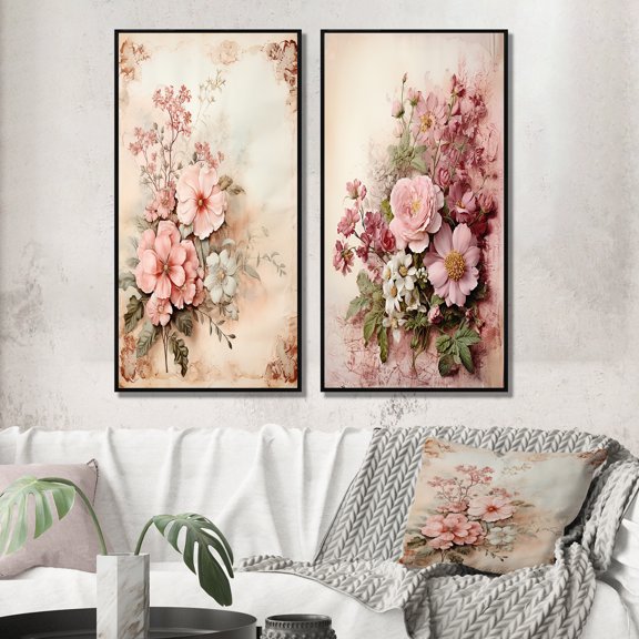 Designart "Rustic Bouquet Pink Roses in Blossom I" Rose Framed Wall Art Set Of 2 - Traditional Pink Framed Canvas Set For Living Room Decor