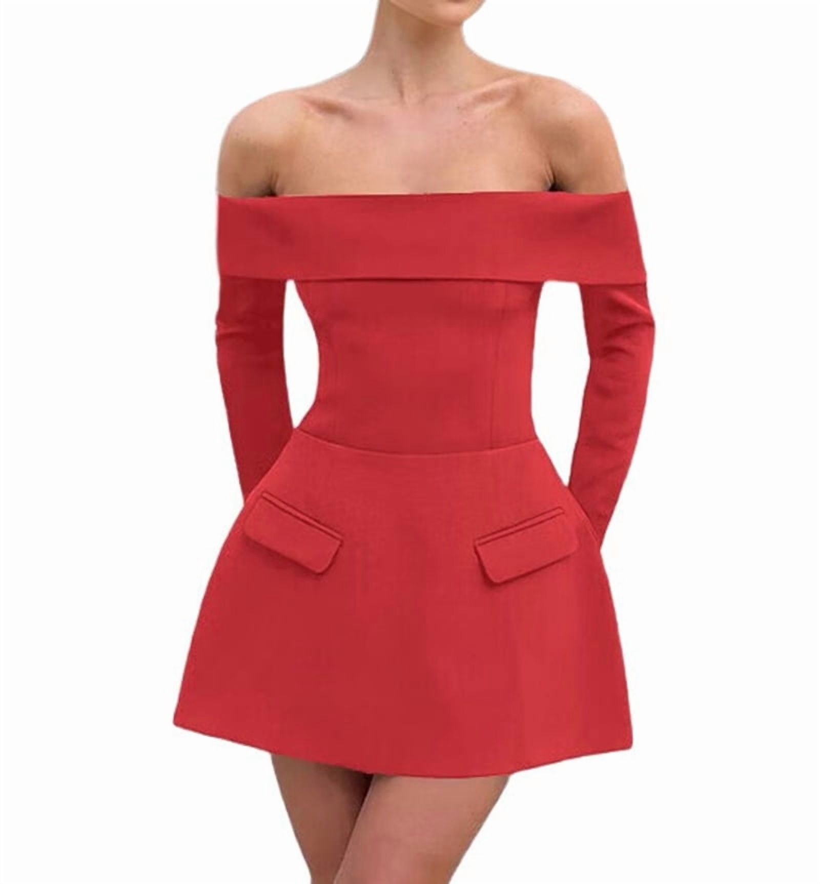 Women Mini Dress Off Shoulder Long Sleeve A Line Dress Short Formal Dresses Party Clubwear Red S