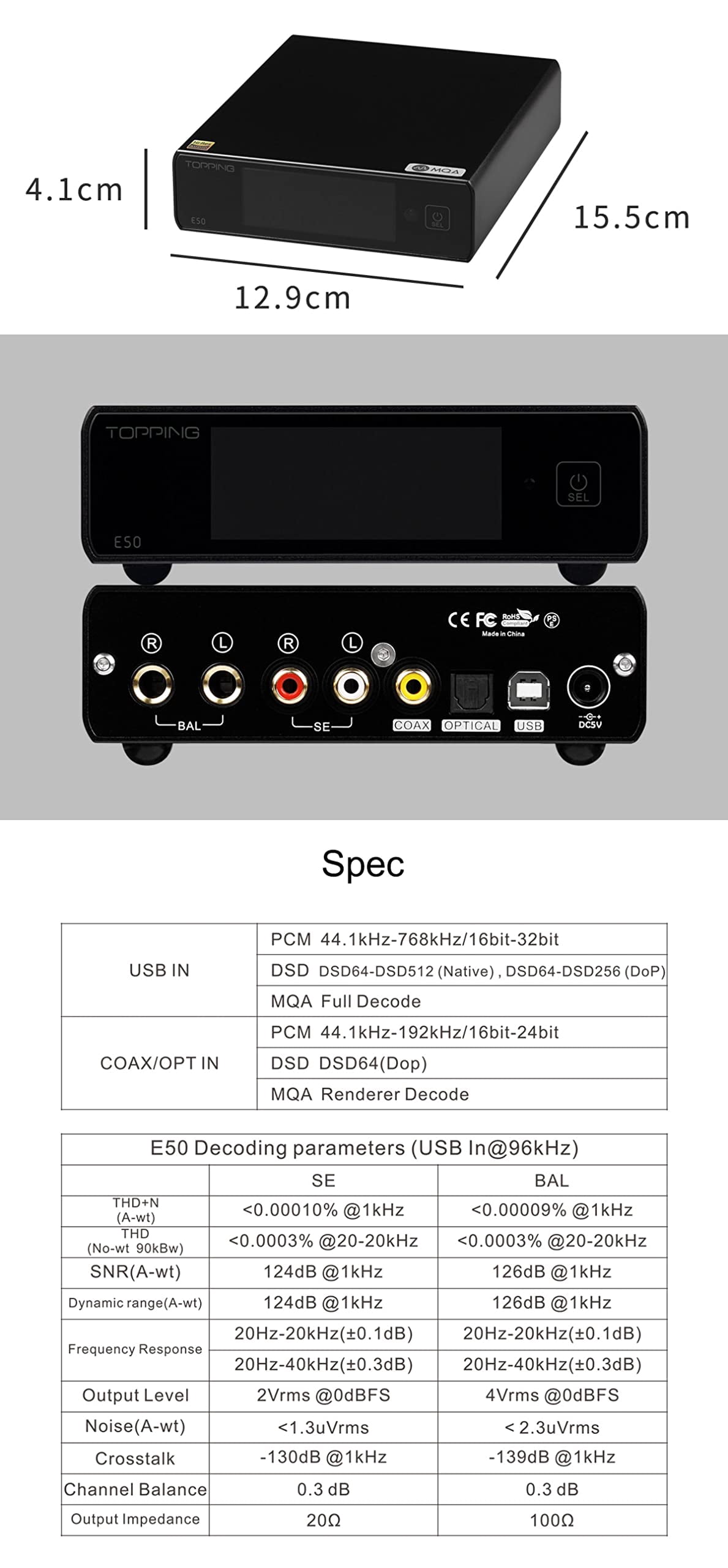 Topping E50 Mini HiFi DAC - ES9068AS Chip, DSD512 PCM768kHz, USB/Coax/Opt Inputs, RCA/TRS Outputs