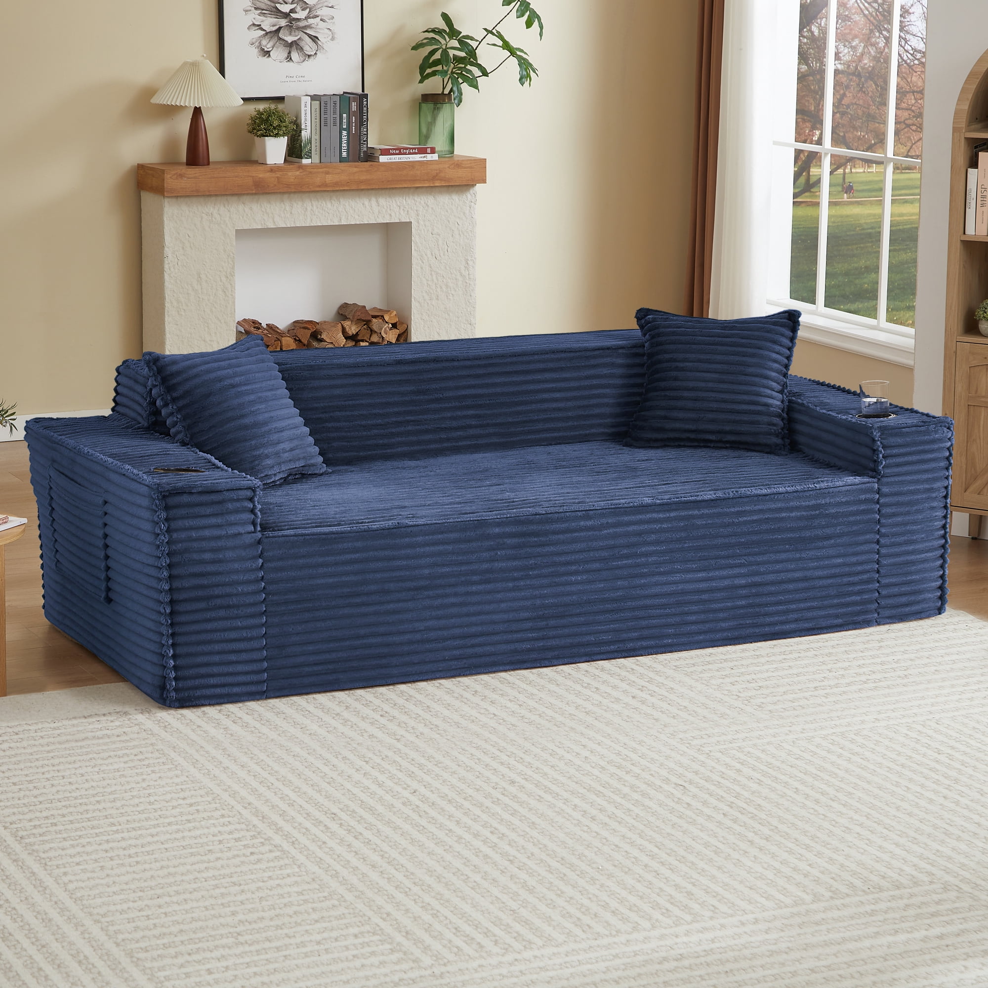 Leumius 3 Seater Cloud Sofa,Boneless Couch with Cupholders,Upholstered Corduroy Fabric Modern Loveseat with Deep Seats for Living Room Bedroom,No Assembly Needed,Blue