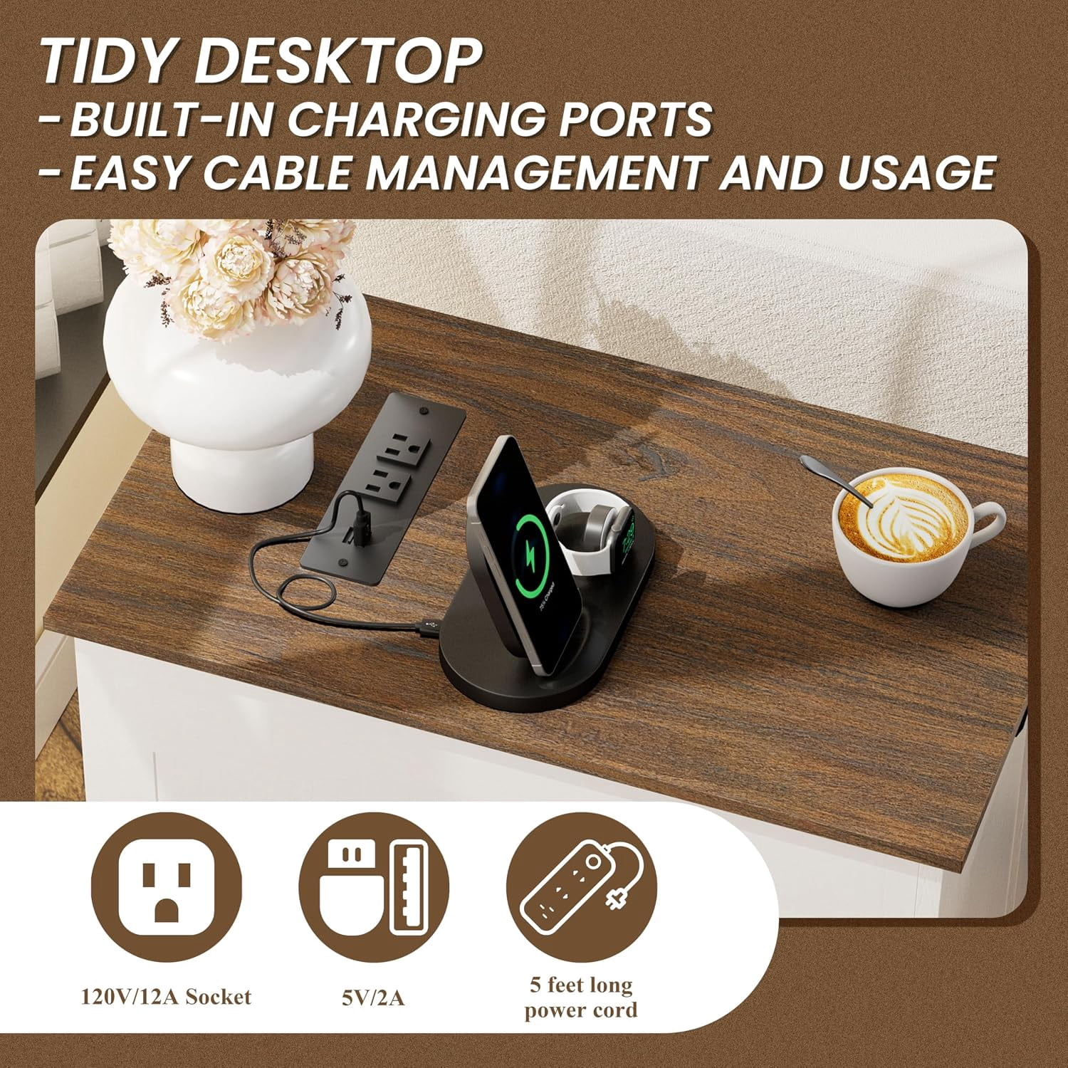 (4 pack) RTC GROUP Narrow Farmhouse End Table with Charging Station, Bedside Table with Storage Cabinet, 2 AC Outlets & 2 USB Ports, Side Table for Bedroom, Living Room, Couch or Sofa, White Oak