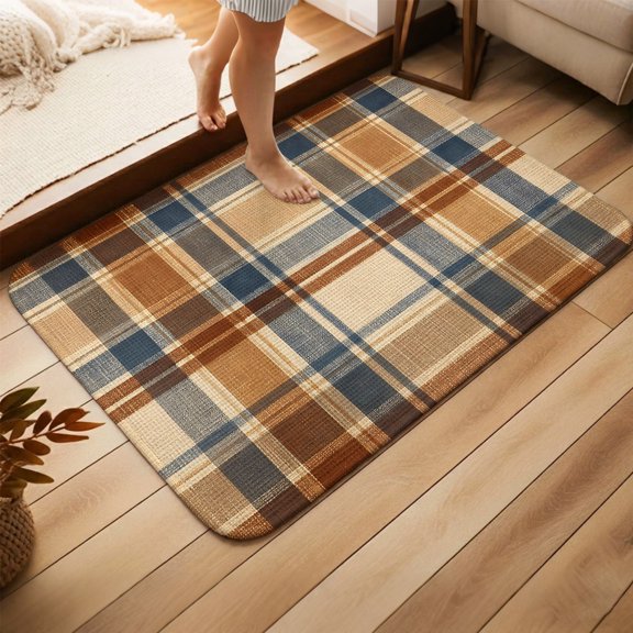Entry Hallway Rug 31.5''x47.2'' Indoor Outdoor, Blue Brown Checked Heavy Duty Absorbent Entryway Doormat, Beige Buffalo Plaid Farmhouse Non-Slip Welcome Rug for Bathroom, High Traffic Floor Mat