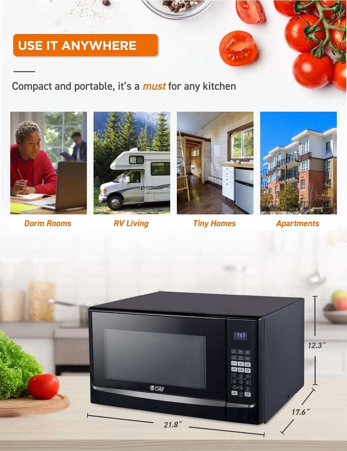 Commercial Chef 1.4 Cubic Foot Microwave with 10 Power Levels, Small Microwave with Push Button, 1100 Watt Microwave with Digital Control Panels