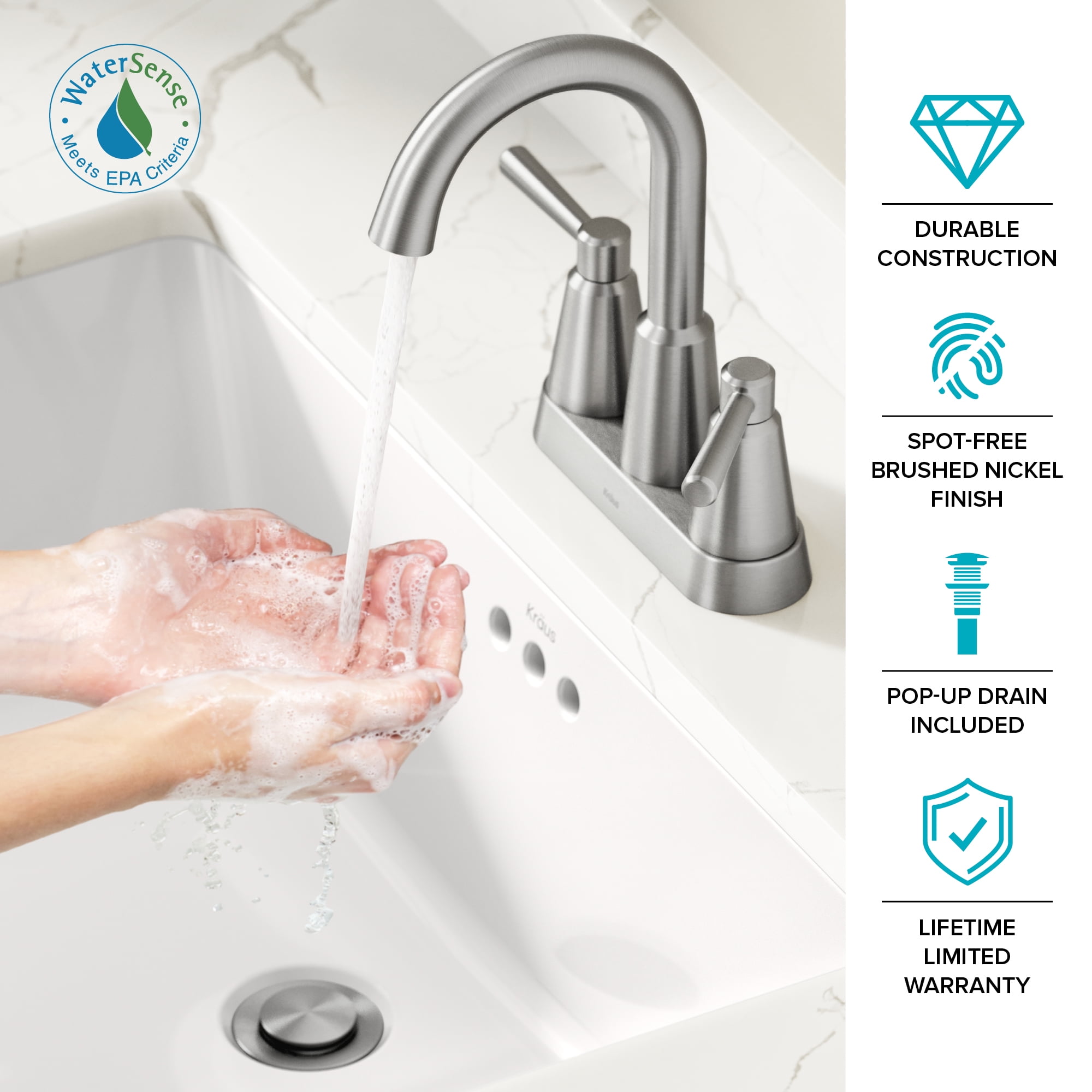 KRAUS Ramus 2-Handle 4-inch Centerset Bathroom Faucet in Spot-Free Brushed Nickel with Pop Up Drain and Supply Lines