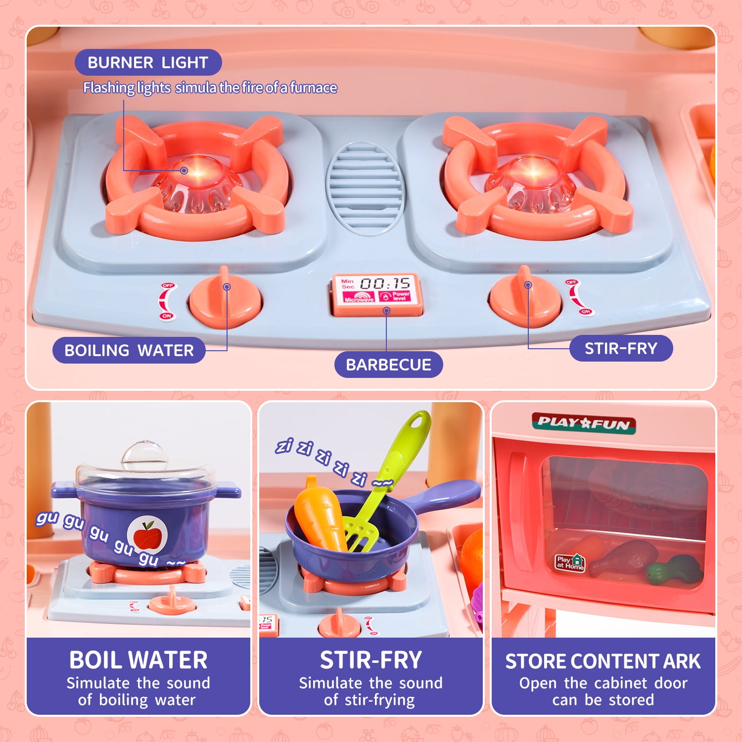 JoyStone Wooden Play Kitchen Set, Pretend Kitchen Toy with Ice Maker, Stove, Oven, Sink, Accessories, Modern Style Kitchen Playset for Kids and Toddlers Age 3+, Pink