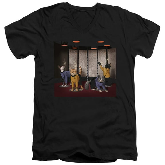 Star Trek Beam Meow Up Adult V-Neck 30/1 T-Shirt Black