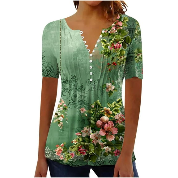 Turilly Pleated Tops for Women New Short Sleeve V-Neck Button Casual Print Slim Top