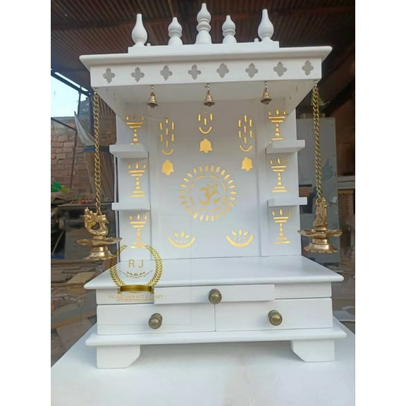 Wooden temple wood Open pooja temple Marble Look White Paint Drawer