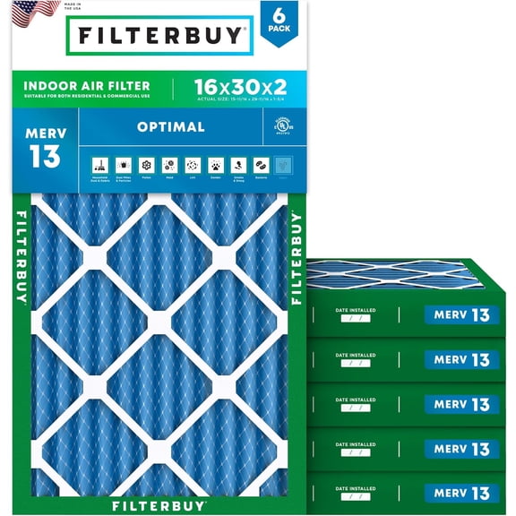 Filterbuy 16x30x2 Air Filter MERV 13 Smoke Defense, Pleated HVAC AC Furnace Filter Replacement, 6-Pack
