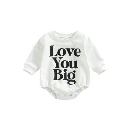 

aturustex Newborn Baby Long Sleeve Romper Letter Printed Round Neck Playsuit Casual Simple Style Short Jumpsuit White
