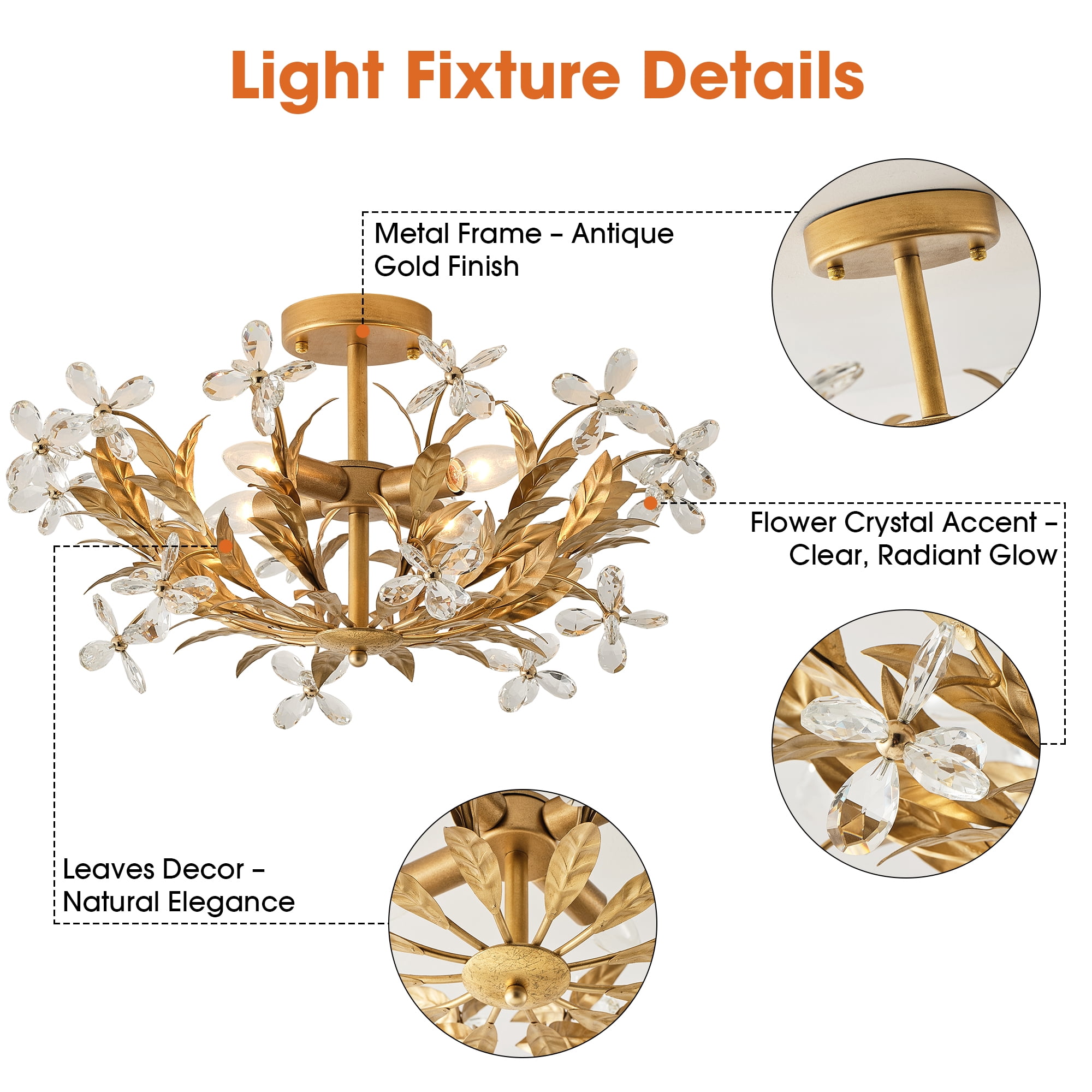 24" Antique Gold 4-Light Dimmable Crystal Semi-Flush Mount Ceiling Light, Distressed Gold Leaf Design with Crystal Flowers, for Living Room, Bedroom, Dining Room