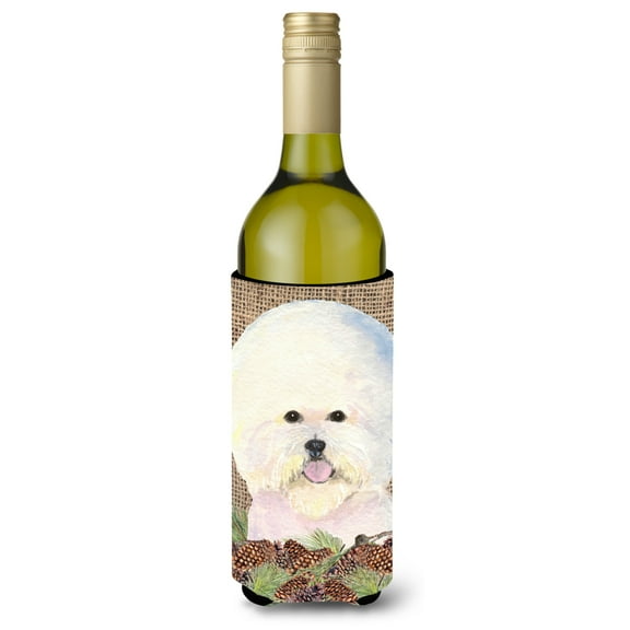 Bichon Frise on Faux Burlap with Pine Cones Wine Bottle Hugger