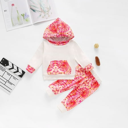 

CHGBMOK Clearance Infant Baby Girls Hooded Long Sleeve Rainbow Tie-Dyed Print Tops+Pants Outfits