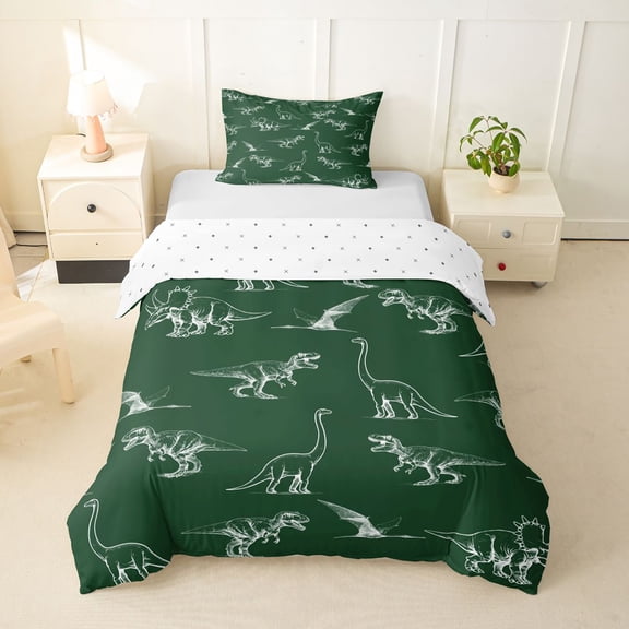 Feelyou Deep Green Dinosaur Twin Bedding for Boys Men, Retro Line Wildlife Art Duvet Cover Set, Green, Reversible, 1 Duvet Cover and 1 Pillowcase (No Comforter)