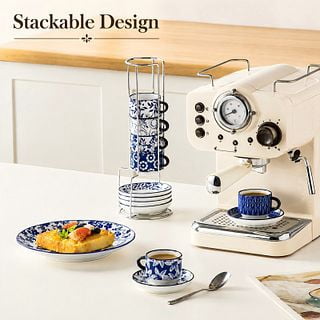 Malacasa Stackable Espresso Cups Set of 6, 2.5 oz Cappuccino Cups with Saucers and Rack, Coffee Mugs for Specialty Coffee Drinks, Latte and Tea