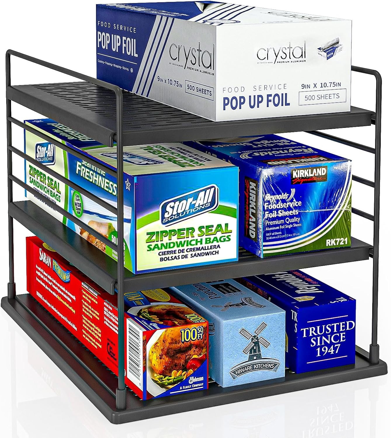 YTCYKJ Adjustable Shelf Storage , Pantry Organizer, Divided Compartment Holder for Aluminum Foil, Wraps & Baggie Boxes, Black