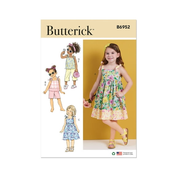 Butterick Sewing Pattern 6952 - Children's Dresses, Tops, Shorts and Pants, Size: A (3-4-5-6-7-8)