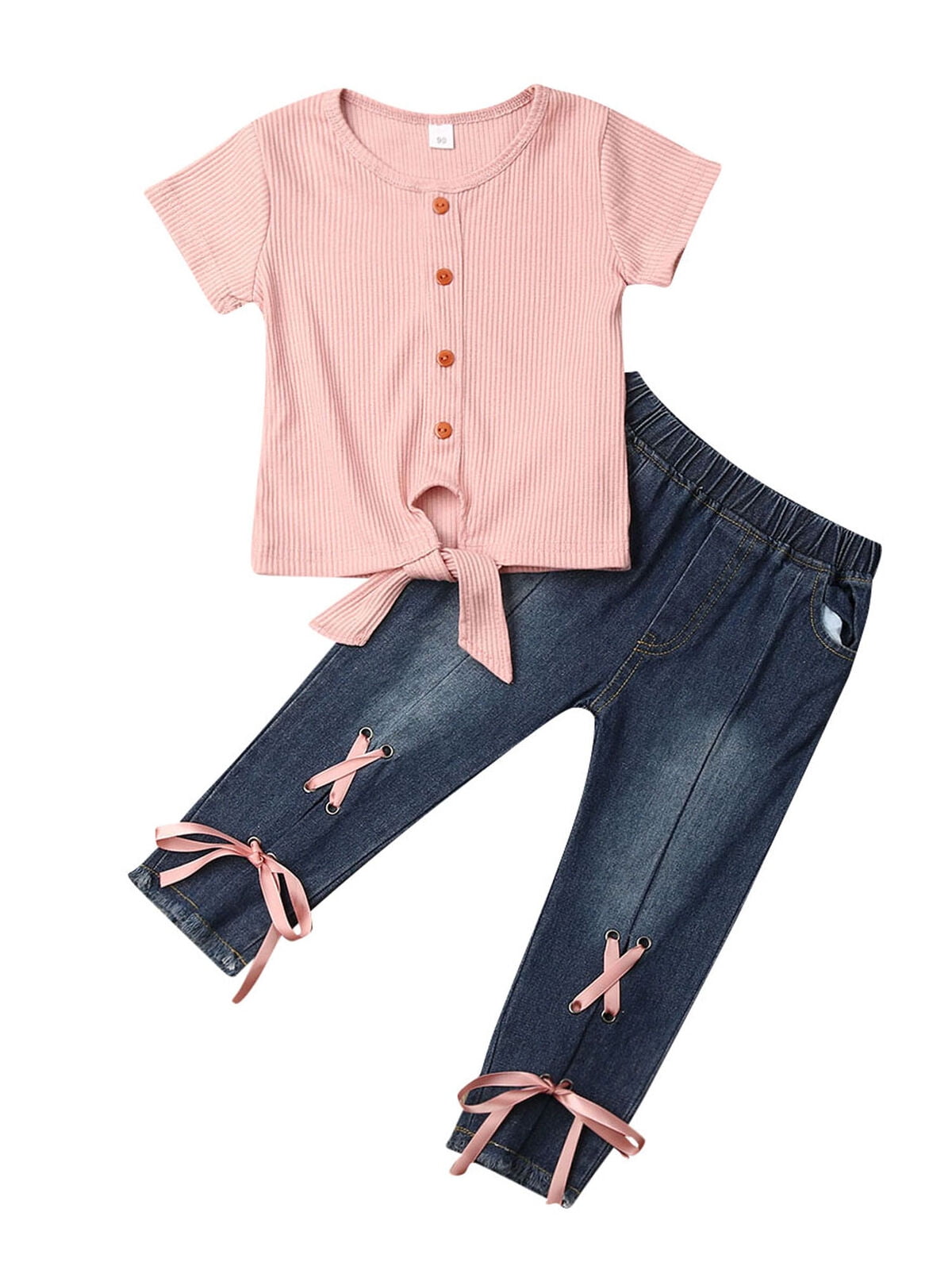 2PCS Toddler Kids Baby Girl T-shirt Tops+Demin Long Pants Outfits Clothes Set US 