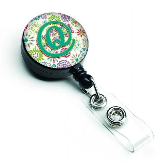 Carolines Treasures CJ2011-QBR Letter Q Flowers Pink & Teal Green Initial Retractable Badge Reel