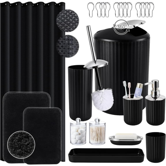 24 PCS Black Bathroom Accessories Set with Shower Curtain and Rugs, Bathroom Sets with Extra Soft and Absorbent Bath Rugs Shower Curtain Black Bathroom Sets for Bath