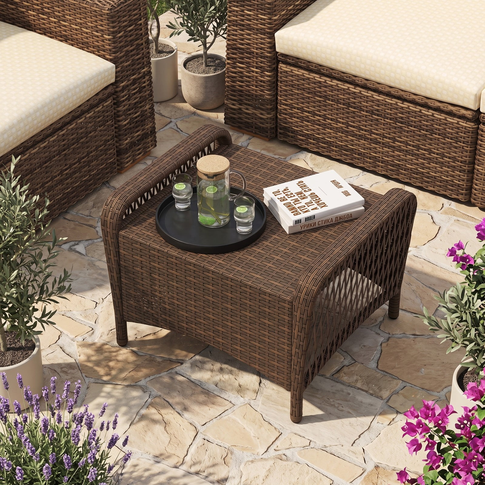 Furnibear Set of 2 Outdoor PE Wicker Patio Ottomans with Removable Cushions for Foot Rest, Extra Seating and Side Table Use, Beige