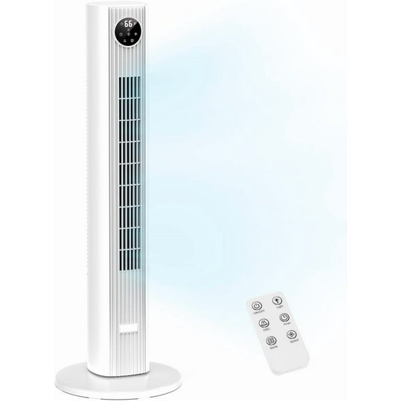 ZAFRO Tower Fan for Bedroom, 90° Oscillating Fan with 12H Timer, 37”Standing Fans with Remote, Bladeless Fan with 4 Modes & 3 Speeds, White
