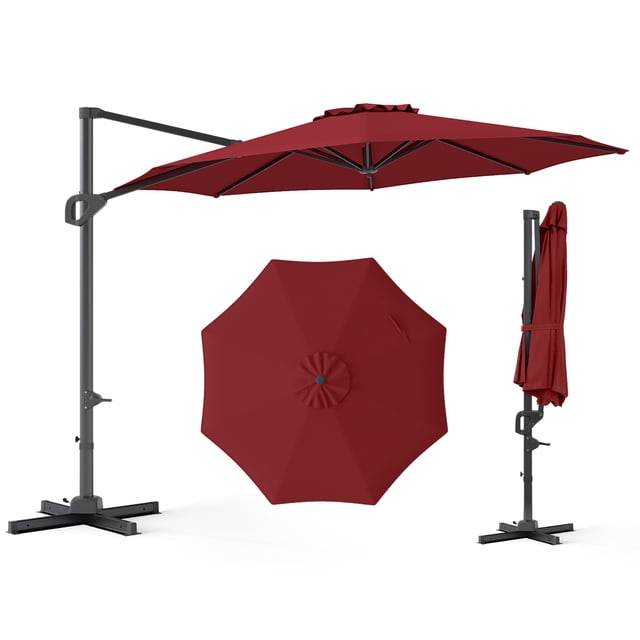 Costway 10 FT Patio Cantilever Umbrella with 360° Rotation, Easy Tilt Adjustment, 8 Ribs Wine