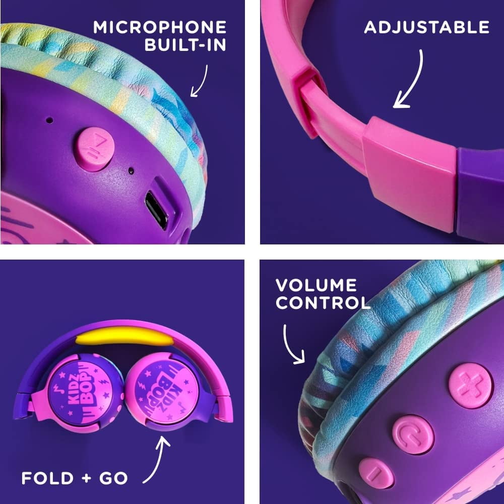 Move2Play Kidz Bop Bluetooth Headphones for Kids | Hi-Def Microphone & Speakers | 94dB Volume Limiting | Wireless | Adjustable | School Use | Gift 3 4 5 6 7 8+ Year Old Girls Boys