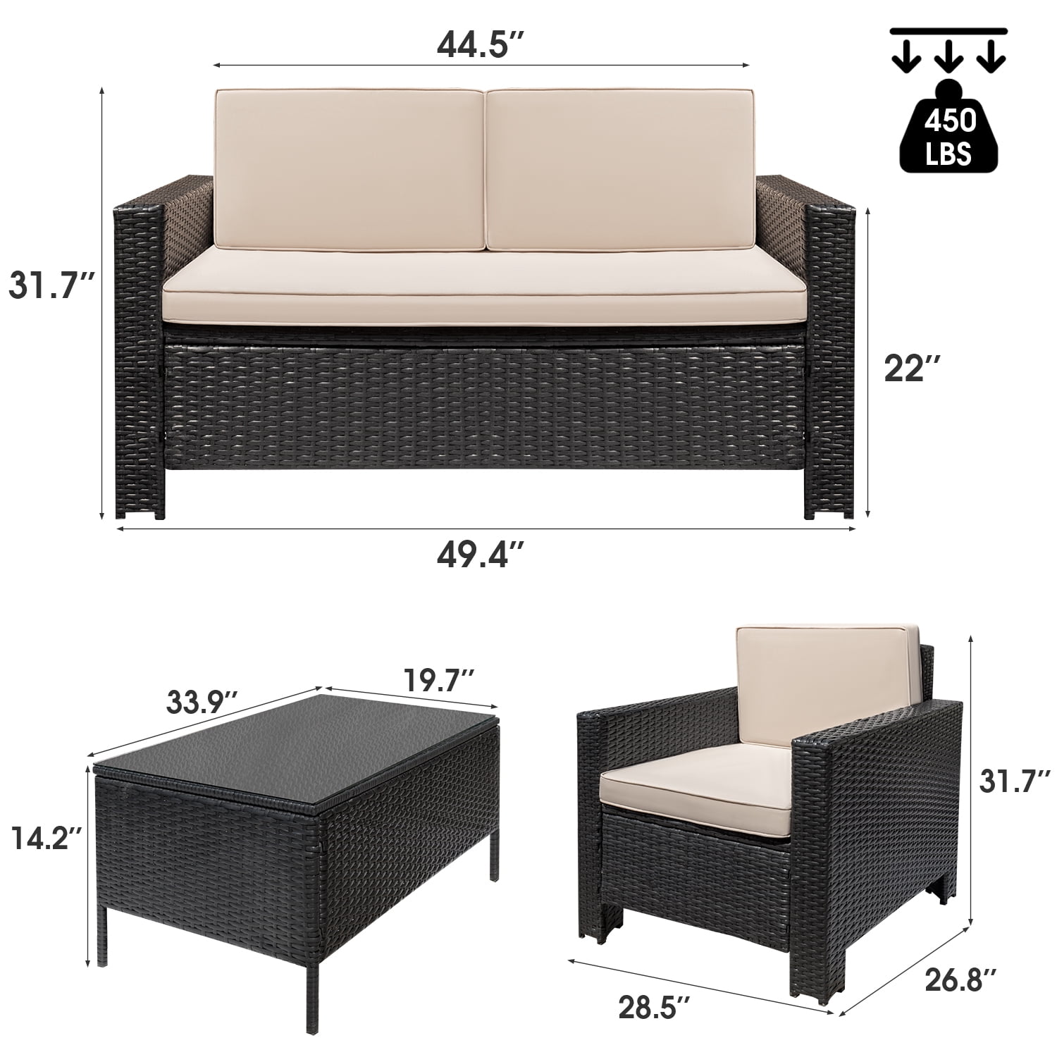 Devoko 4 Pieces Patio Set PE Rattan Wicker Furniture Sofa Set Outdoor Indoor Furniture Set, Black