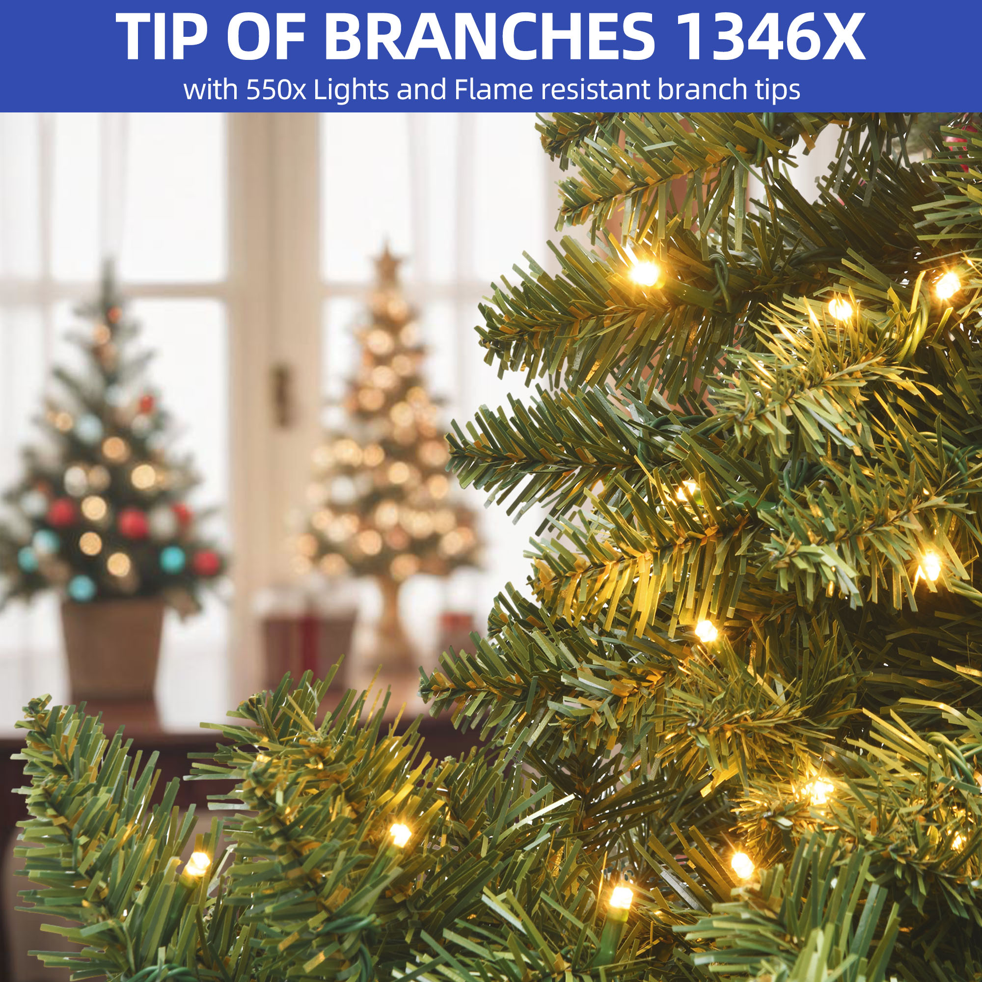 ModFusion 7.5ft Pre-Lit Artificial Christmas Tree, Holiday Decoration with 1346 Branch Tips, 550 Warm Lights, for Home, Office, and Party, Green