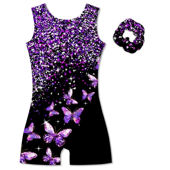 Aideaone Girl Gymnastic Leotards with Hair Scrunchie Sparkle Dance Unitards for 4-12Years