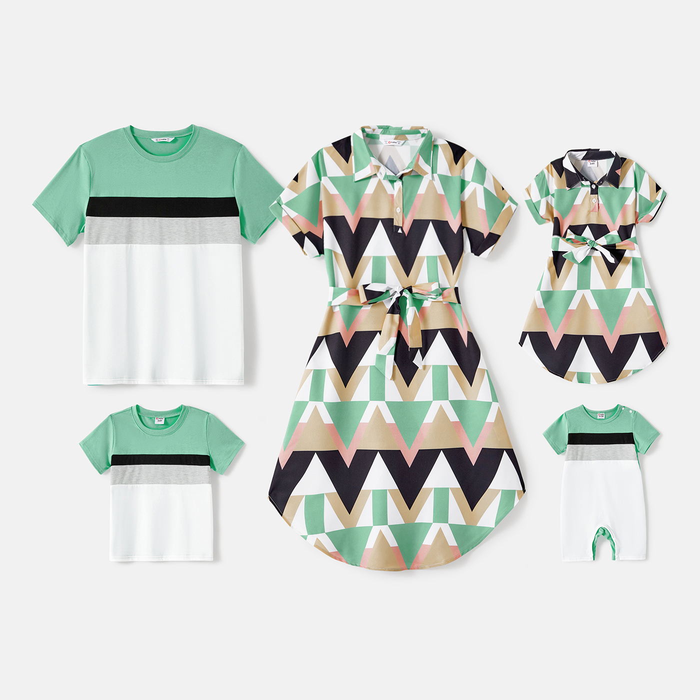 PatPat Mommy and Me Family Matching Allover Geo Print Shortsleeve Belted Dresses and Colorblock