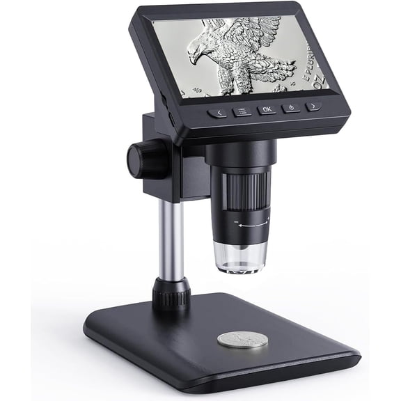 4.3" HD LCD Screen Digital Microscope, Coin Magnifier Microscope with 8 Adjustable LED Lights, 1-1000X Zoom, Soldering Microscope for Micro Electronics Repair, Compatible with MacOS, PC View, Black