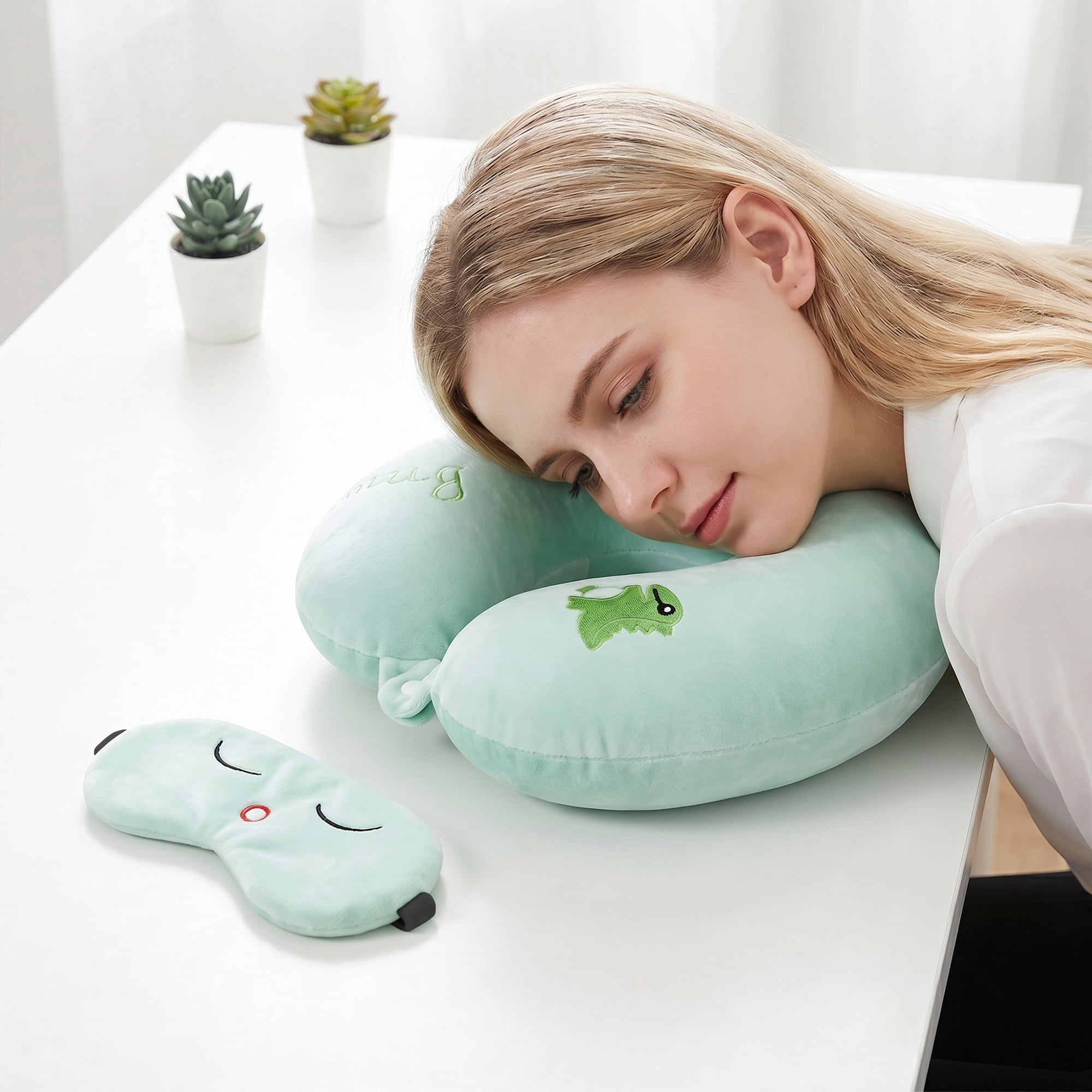 Unique Bargains Memory Foam Neck Pillow U Shape Neck Pillow with Eye Mask Cyan 12"x12"