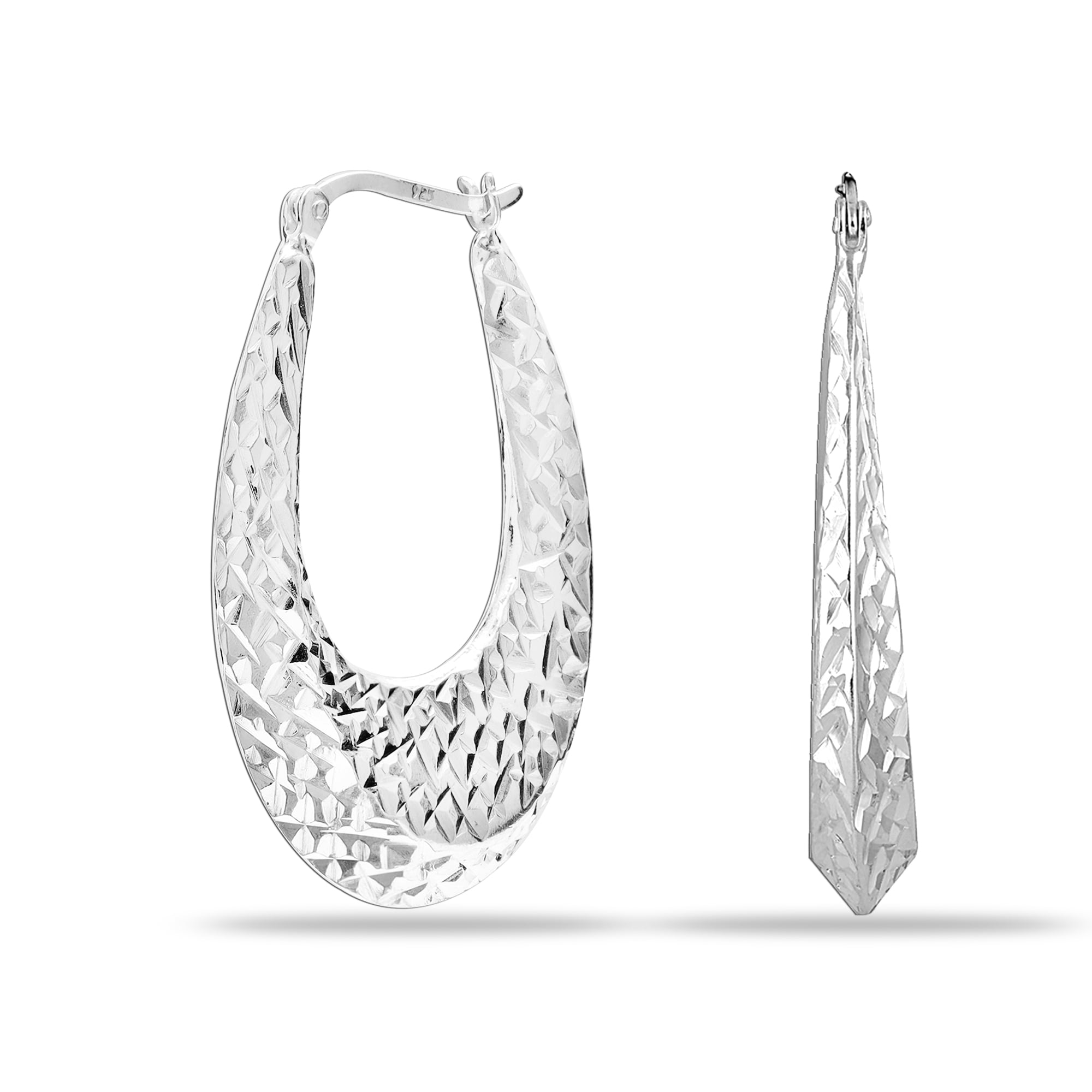 LeCalla 925 Sterling Silver Light-Weight Diamond Cut Hypoallergenic Click Top Oval Hoop Earrings for Women and Teen 35MM