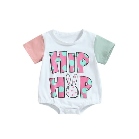 

Mioliknya Baby Girls Easter Romper Short Sleeve Letters Rabbit Print Bodysuit