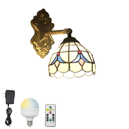 

FSLiving Color Changing RGB Mode Wall Sconces Wireless Remote Control Lamps Rechargeable Battery Run Dimmable Vintage Design Handmade Glass Tiffany Light Fixture Nightstand Wall Sconce - 1 Lamp