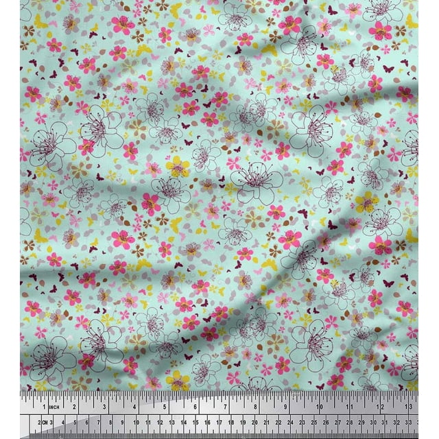 Soimoi Poly Georgette Fabric Leaves,Butterfly & Flower Floral Print Fabric by Yard 42 Inch Wide