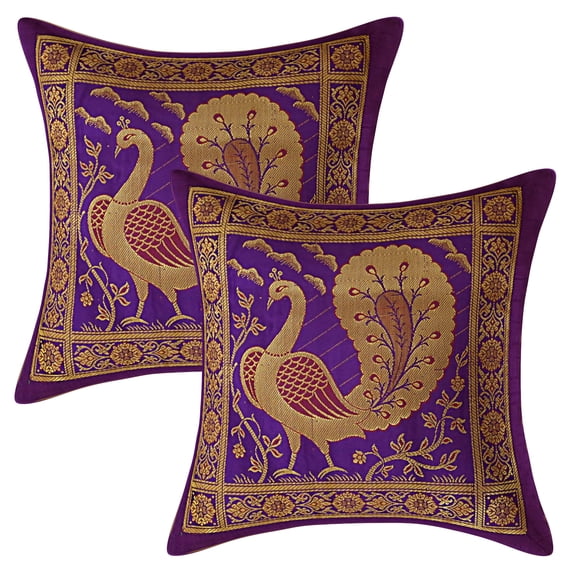 Stylo Culture Ethnic Couch Brocade Purple And Gold Sofa Throw Pillow Covers 12x12 Jacquard Weave Banarsi Indian Decorative Pillows Dancing Peacock Floral 30x30 cm Cushion Covers (Set Of 2)