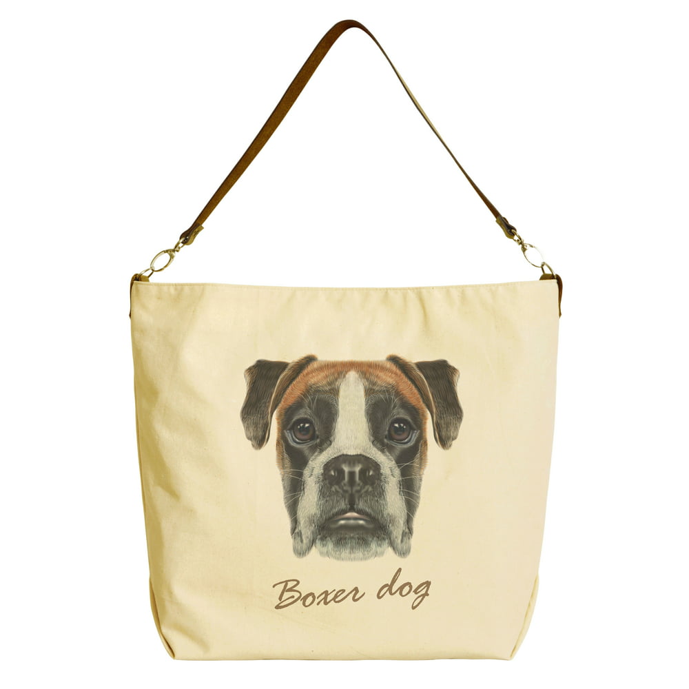 Vietsbay Portrait of Boxer dog Beige Printed Canvas Tote Bag with Leather Strap WAS_29