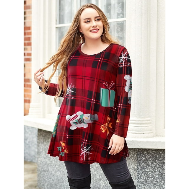 LARACE T-Shirt de Noël pour Femme Grande Taille à Rayures Boho à Manches Longues Tunique Col Rond Blouse en Tricot Flower46 4X