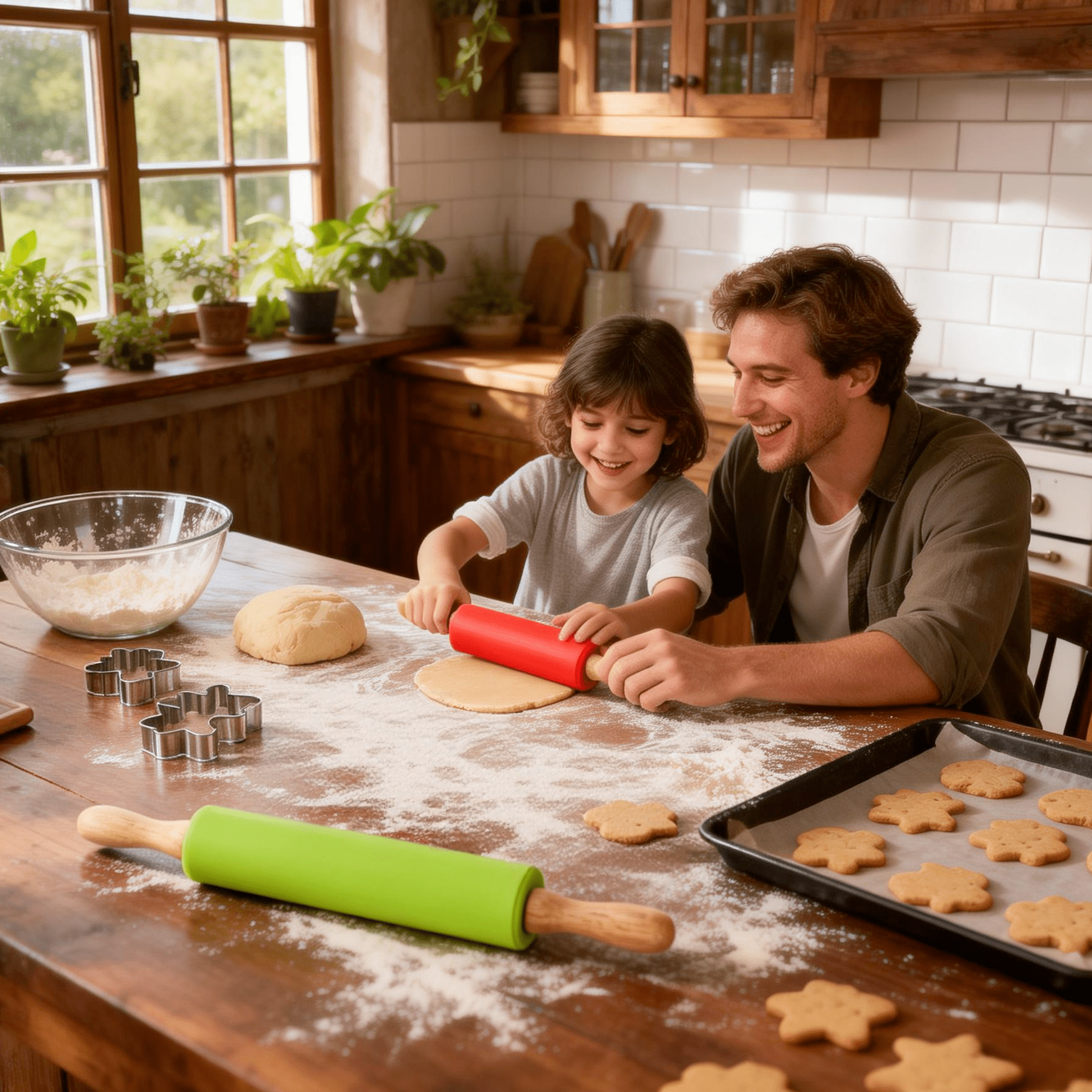 2 Pack Silicone Rolling Pin for Baking, 12/9 In Non Stick Surface Dough Roller with Wooden Handle, Rolling Pins for Baking Pizza, Pies, Pastry and Cookies,(Green/Red)