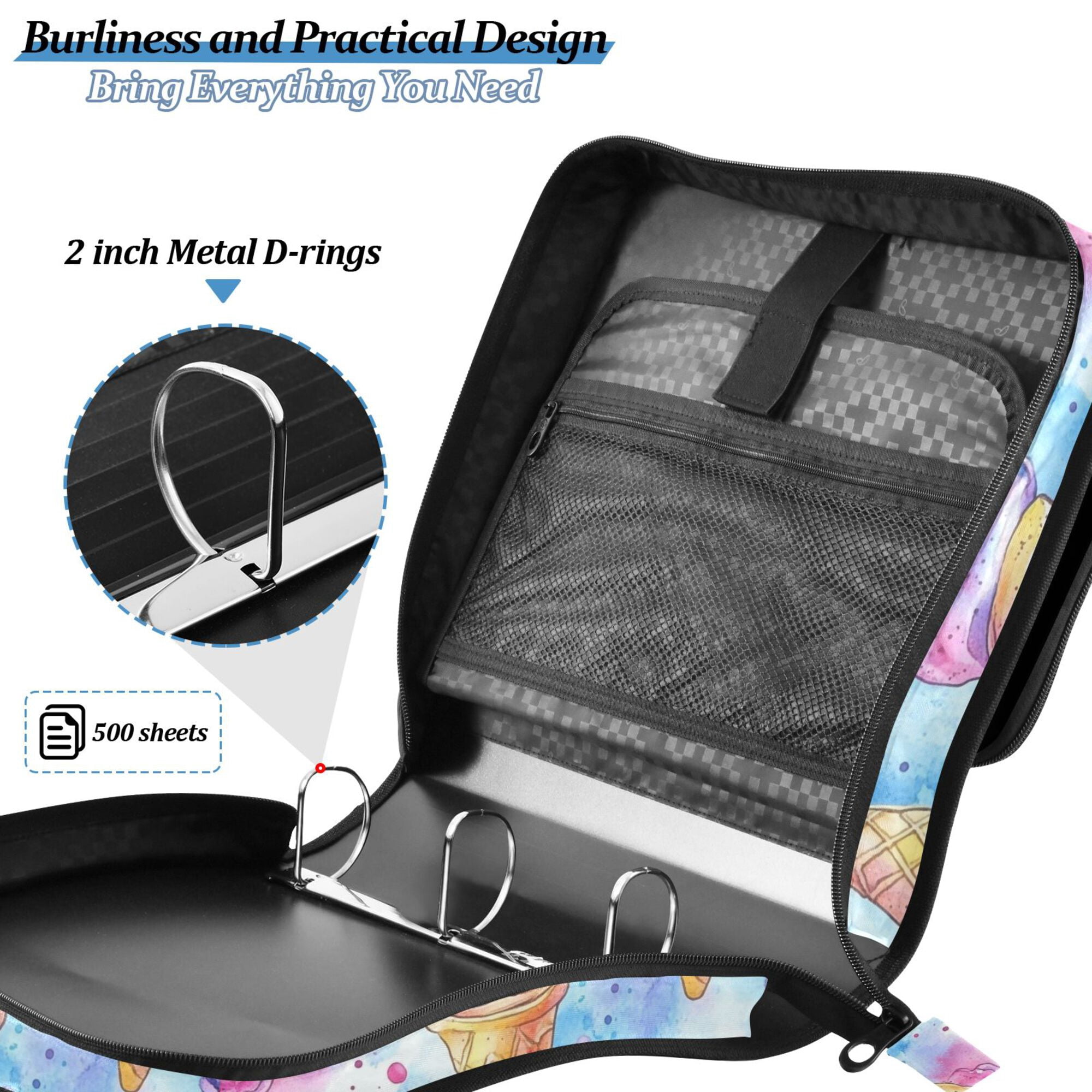 FORMRS Zipper Binder with Shoulder Strap 2-inch Ring 500 Sheet Capacity File Bag, Watercolor Ice Cream Pattern