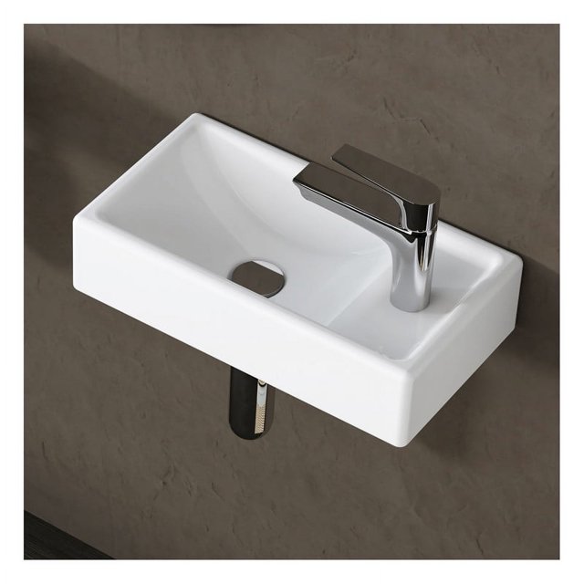 MEJE 16-inch corner wall hung basin, ceramic white rectangle, includes faucet & drain, right hand