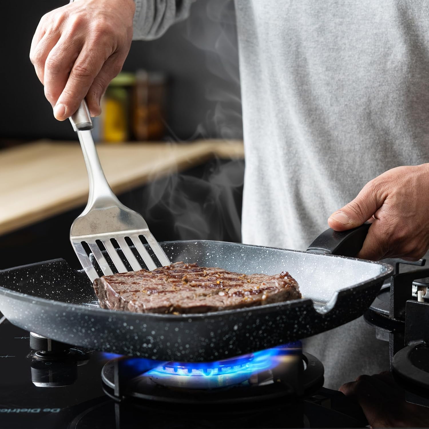 Aluminum Nonstick Grill Pan for Stove Tops, Versatile Griddle Skillet with Pour Spouts, 11 Inch Square Grill Pan Big Cooking Surface, Durable Skillet For Indoor Cooking & Outdoor Grilling