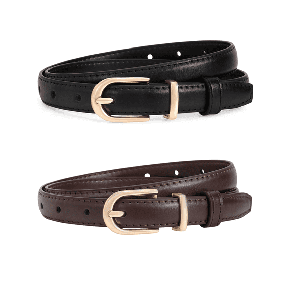 KALUNMA 2 Pack Women Genuine Leather Waist Belt for Jeans Pants Dresses Elegant Thin Ladies Belts with Gold Pin Buckle