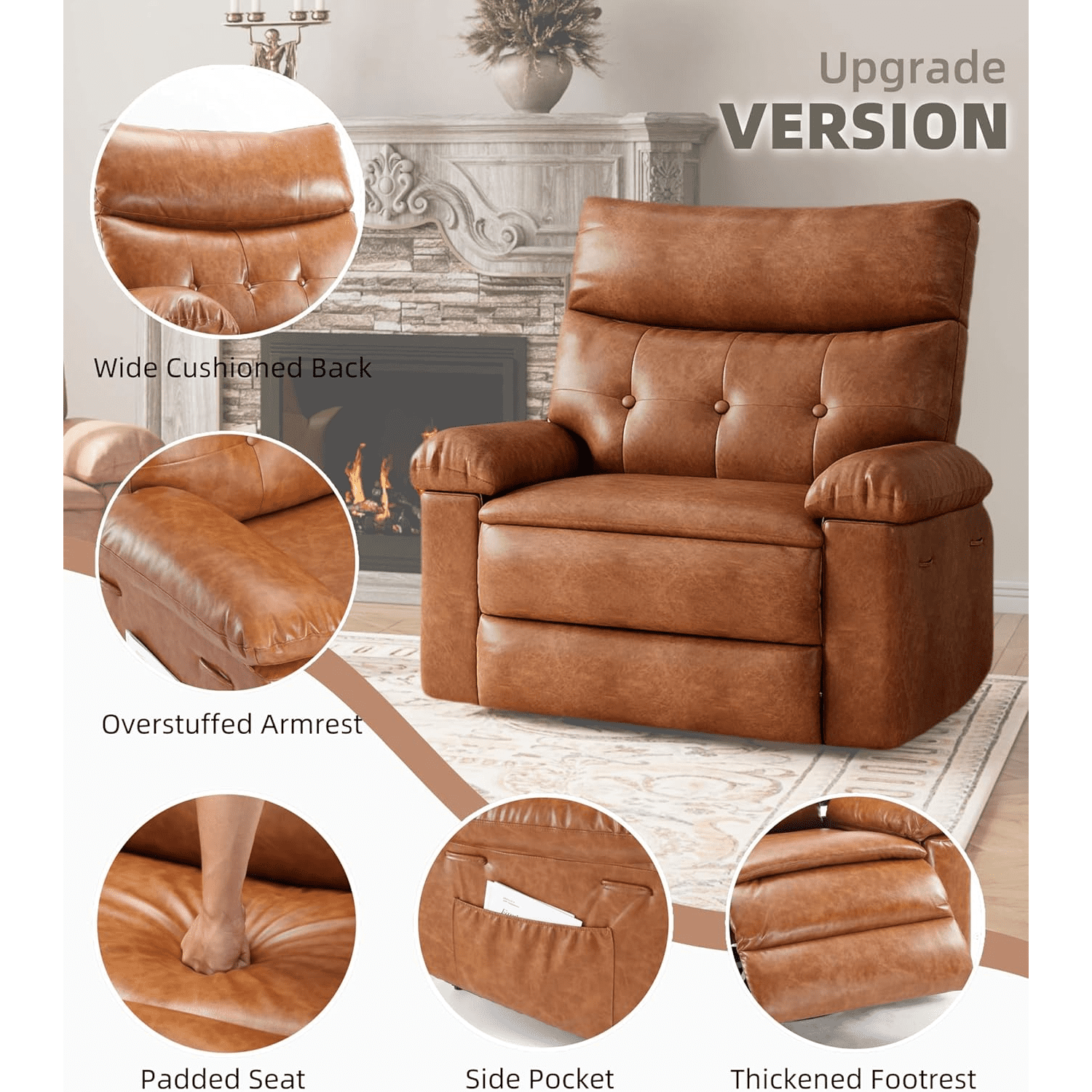 Oversized Manual Recliner Chairs for Adults, PU Leather Small Recliner Chair with 90° - 150° Adjustable Back,Lazy Boy Single Sofa Chairs for Small Space
